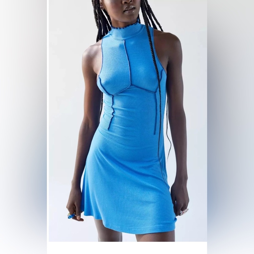 Urban Outfitters Size MED Deja Seamed Mock Neck Mini Dress Blue NWOT F15-4
